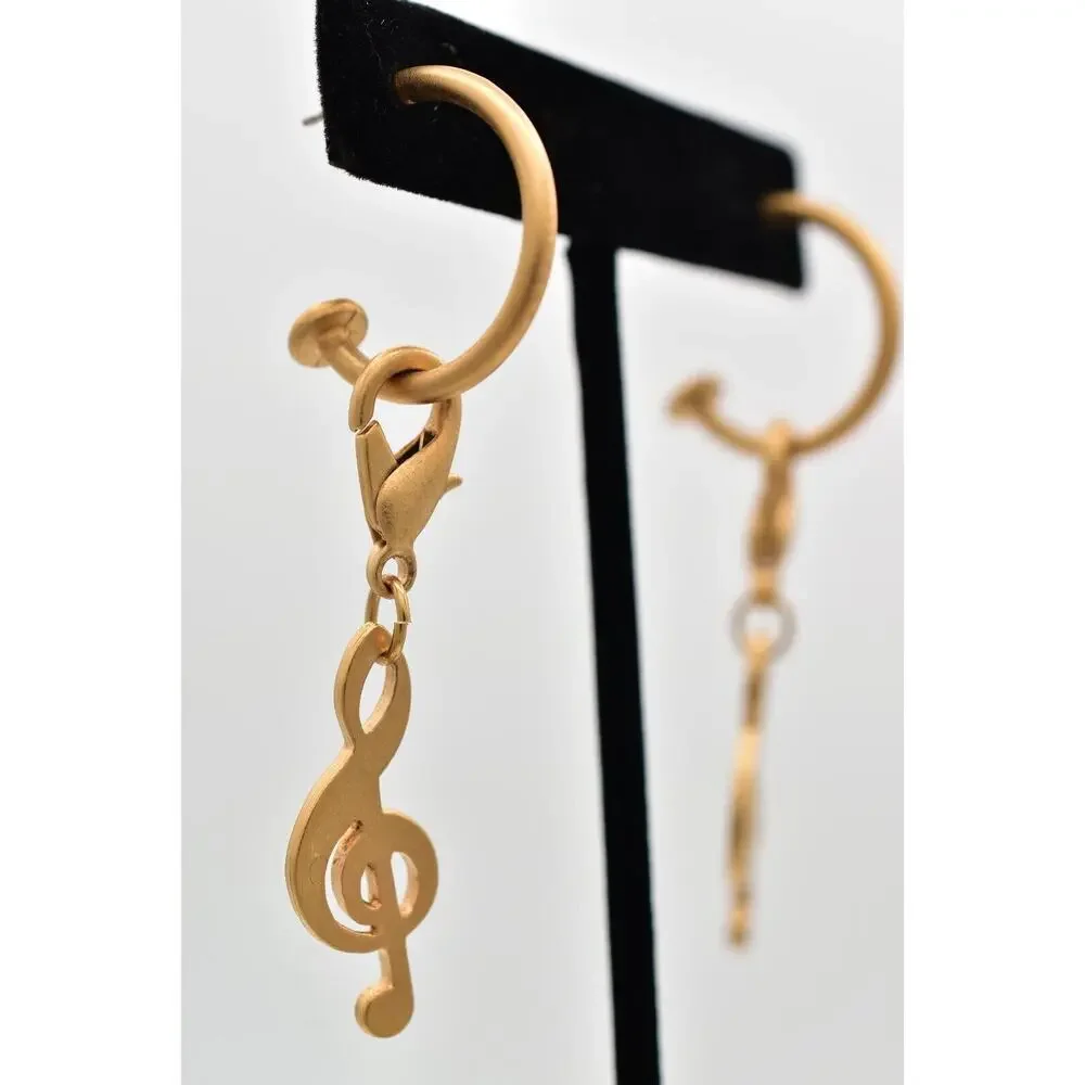 Vintage Treble Clef Earrings Dangle Brushed Gold Music Note Chunky NOS 80s BinBK
